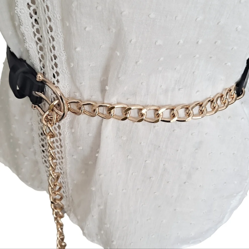Womens edgy black Faux leather Y2K metal gold chain waist punk rock dress belt - Picture 13 of 17